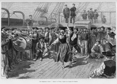 The emigrants on board. Engraving to illustrate the story Voyage a la Plata, three months of vacation by Emile Blaireaux in 1886, in the tour du monde 1887, under the direction of Edouard Charton, Hachette, Paris. by Oswaldo Tofani