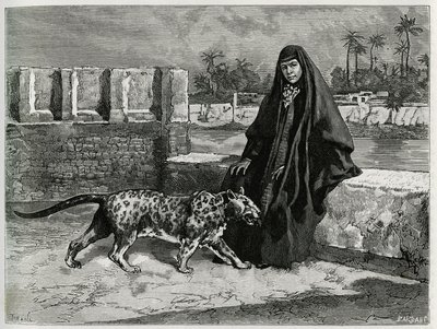 Torkan Khanoum, favorite of Sheikh Moses, powerful tribal leader of Arabistan with his panther. Engraving by Tofani, to illustrate the story 
