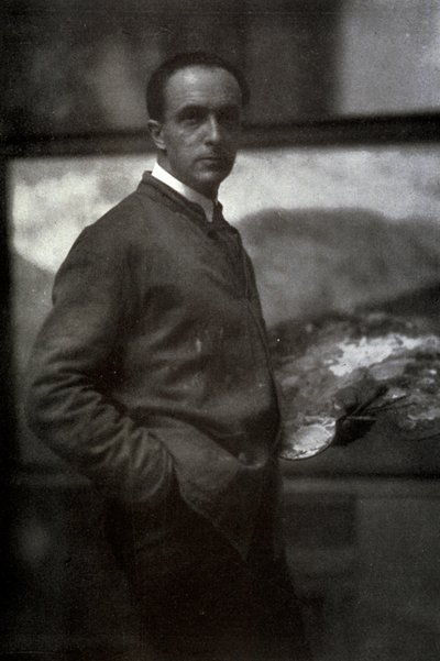 Three-quarter-length portrait of Cesare Maggi. The painter, dressed in smock, is holding a palette in his left hand. In the background the canvas he is working on by Ottaviano Ecclesia