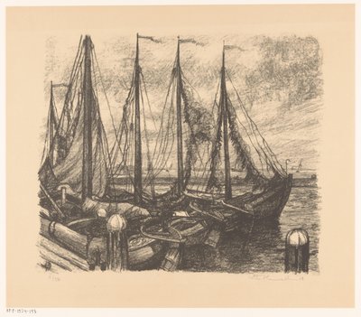 Moored Fishing Boats in a Harbor by Otto Hanrath (signed by artist)