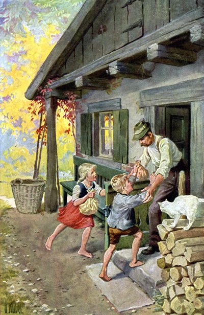 Hansel and Gretel find their way back home (postcard) by Otto Kubel