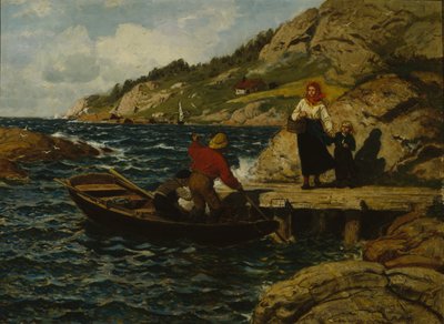 Fisherman, Woman and Child by the Quay by Otto Ludvig Sinding