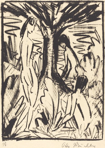 Standing, Sitting, and Bathing Girls near a Tree by Otto Müller