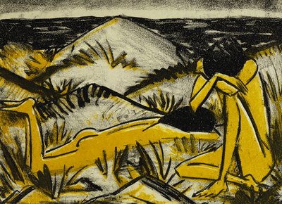 Dunes One Sitting and Girl Lying Down by Otto Mueller