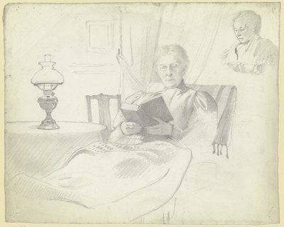 Luise Scholderer Reading with Table and Lamp, Bust Portrait of a Female Figure in the Background by Otto Scholderer