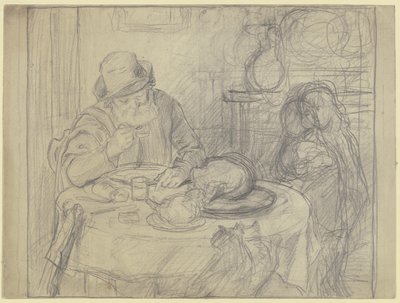 Man at the Dining Table with Child and Cat by Otto Scholderer