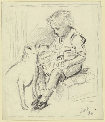 Seated Boy with Seated Dog by Otto Scholderer