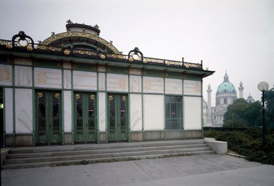 Art Nouveau: view of the pavilion of the Karlsplatz metro station (now cafe) made by architect Otto Wagner (1841-1918) (Viennese Secession) 1894-1899 by Otto Wagner