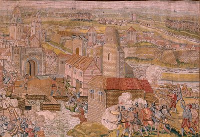 Flemish Tapestry. Series Triumphs and Battles of Archduke Albert. Surprise at Calais. First Tapestry in the Series. Model Otto van Veen and Hans I Snellinck. Manufacture Martin Reynbouts, Brussels. 1597-1599. Fabric Gold, Silver, Silk. by Otto van Veen