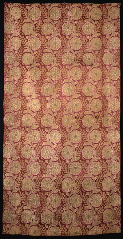 A Length of Red Satin Woven with Undulating Stems with Gilt Flower Heads by Ottoman School