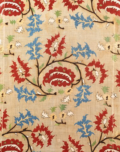 Detail of a Linen Cover, Embroidered with a Meander of Red and Blue Flower Sprays by Ottoman School