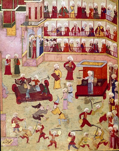 Festivities organized on the occasion of the circumcision of the son of the Ottoman Sultan Murad II (Murat) (1404-1451), jugglers, acrobats and goldsmiths came to present samples. Miniature of the 16th century. Istanbul, Topkapi Sarayi Museum Library by Ottoman School