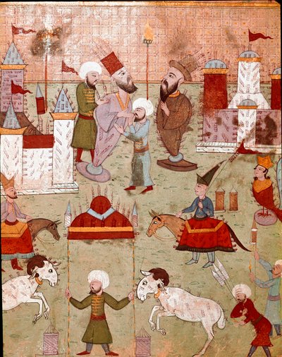 Festivities organized on the occasion of the circumcision of the son of the Ottoman Sultan Murad II, preparation of fireworks. Miniature of the 16th century. Istanbul, Topkapi Sarayi Museum Library by Ottoman School