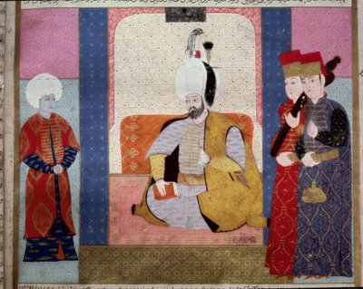Ottoman Empire: Sultan Murad III surrounds courtiers. Miniature from 