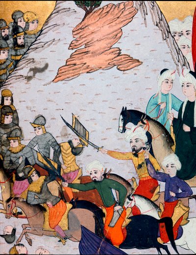 Ottoman Empire: clashes between the army of Sultan Bayezid I (Bajazet) (1360-around 1402) against the Franco-Hungarian alliance during the Battle of Nicopolis on 25/09/1396. 15th century miniature. Topkapi Sarayi Museum Library, Istanbul by Ottoman School