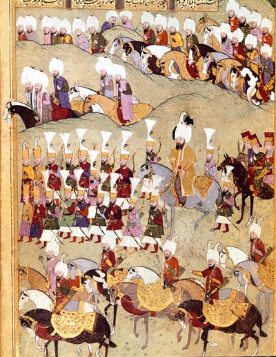 Ottoman Empire: representation of Ottoman Sultan Murad II (Murat) (1404-1451) and his army during the invasion of Persia. Manuscript miniature ms. FY 1404 “Sehinsahname” (or Shahinshah-nameh) by Ottoman School
