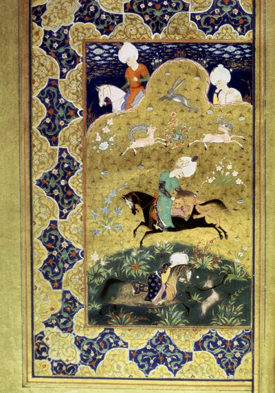 Ottoman Empire: representation of Sultan Selim I called the Terrible on horseback during a hunting game fighting against a guepard. Miniature from the 