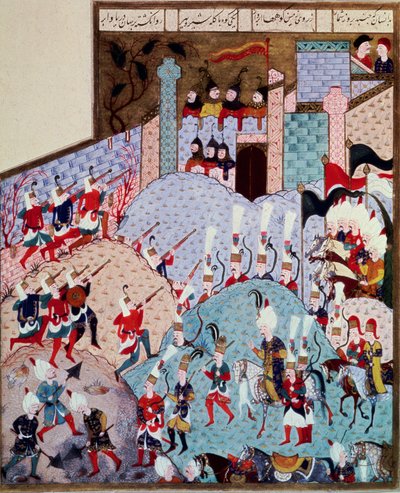 Representation of Sultan Suleyman I (1520-1566) and His Army Attacking a Fortified City. Miniature from 