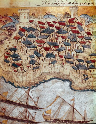 Ottoman Empire: representation of a fortified city on the bank of the Danube conquered by Soliman I during his march on Budapest and Vienna. 16th century miniature. Topkapi Sarayi Istanbul by Ottoman School