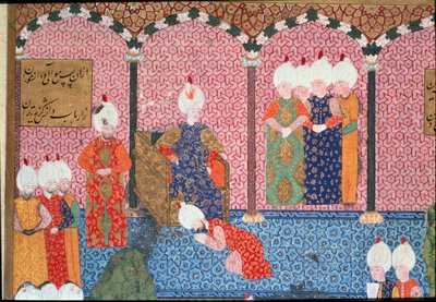 Portrait of Suleyman I the Magnificent (1494-1566), Sultan Ottoman surrounds his court at the ceremony of accession to the Throne (detail). Miniature taken from 