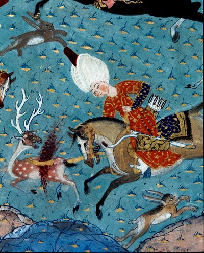 Representation of the courtiers of Sultan Murad II (Murat) (1404-1451) hunting deer and hare. (detail) 17th century miniature. Istanbul, Topkapi Sarayi Museum Library by Ottoman School