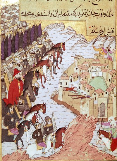 Second Crusade (1147-1149): the Crusaders in front of the city of Aleppo in Syria. 16th century miniature. Topkapi Sarayi, Istanbul by Ottoman School