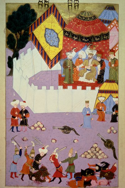 The assassination of Sultan Murad I (1326-1389) by Serbian knight Milos Obilic in the Battle of Kosovo following the victory of the Ottomans over the Serbs. Miniature from Lokman