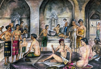 Turkish bath, watercolor, Ottoman civilization by Ottoman School