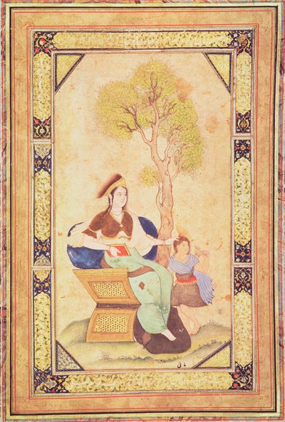 Woman seated with a young girl in a garden, from Album de pieces calligraphiees et de miniatures by Ottoman School