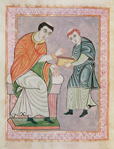 The scribe Anno before Gero, from the Gero Codex by Ottonian