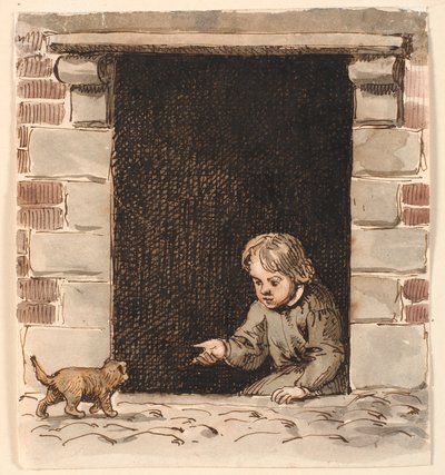 A Boy Sitting in a Cellar Door, Luring a Puppy by P.C. Skovgaard