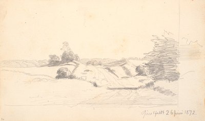 A field road with some bushes in the foreground. In the background a forest edge by P.C. Skovgaard