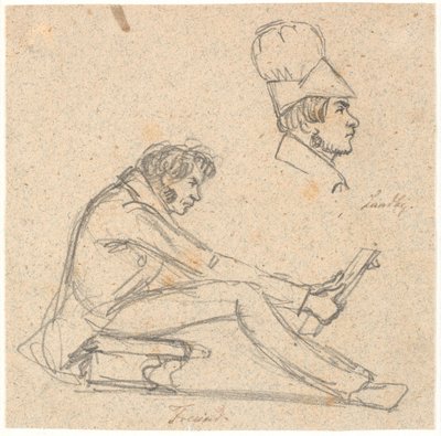 H.E. Freund sitting on a stool and contemplating a drawing. Above right, profile portrait of J. Th. Lundbye. by P.C. Skovgaard