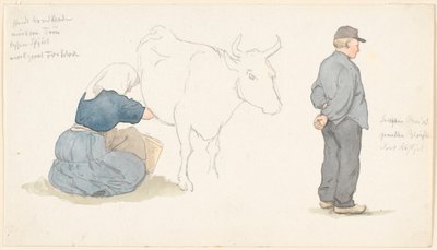 Study Sheet with Girl Milking a Cow, Farmer Standing to the Right by P.C. Skovgaard