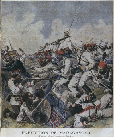 Madagascar expedition, taking of an hova camp, illustration from 