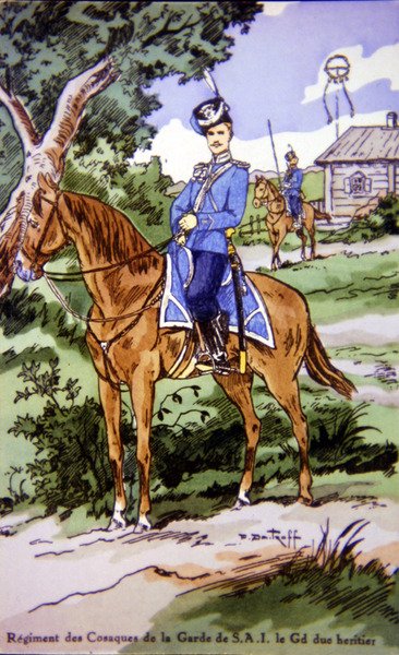 Postcard depicting a horseman from the Regiment des Cosaques de la Garde de S.A.I by P. (after) Dmitroff