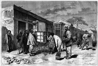 Activity in the streets of Pekin (Beijing), with a 19th century diorama. Engraving from a drawing by Sellier, from a photograph by Thomson, in Le Tour du Monde, Nouveau journal des Voyages, edited by Edouard Charton, Paris by P. (after) Sellier