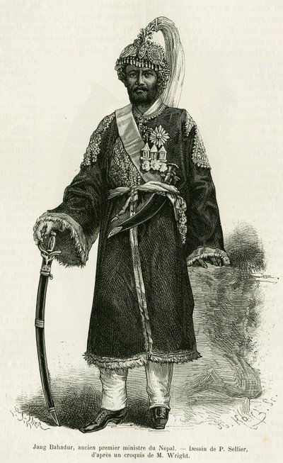 Jang Bahadur, Prime Minister of Nepal. Engraving by P.Sellier to illustrate the story Voyage au Nepal, by Dr. Gustave Le Bon, in le tour du monde 1886, directed by Edouard Charton, Hachette, Paris by P. (after) Sellier