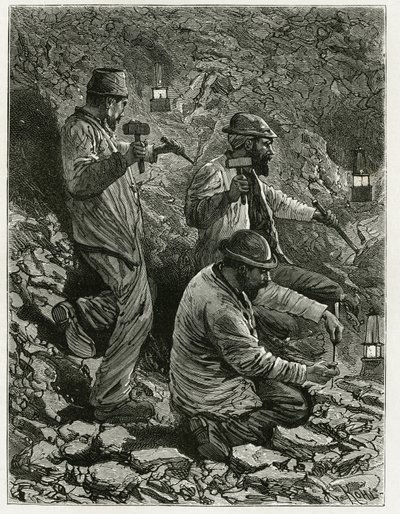 Miners extracting coal into the vein. Engraving by Ferat, to illustrate the story “Belgium”, by Camille Lemonnier. Published in Le Tour du monde, nouveau journal des voyages, 2nd semester 1884, edited by Edouard Charton by P. Ferat
