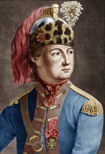 Knight of Eon (1728-1810), French secret agent for the king, he used to cross-dress, engraving colorized document by P. Jean Baptiste Bradel