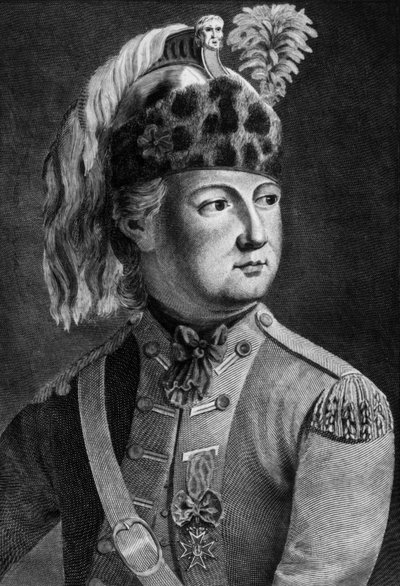 Knight of Eon (1728-1810), French secret agent for the king, he used to cross-dress, engraving by P. Jean Baptiste Bradel