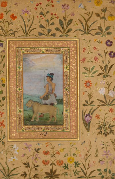 Dervish With a Lion, Folio from the Shah Jahan Album by Padarath