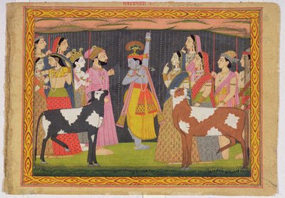 Krishna Lifting Mount Govardhana, from the Bhagavata Purana, Kulu, Himachal Pradesh by Pahari School