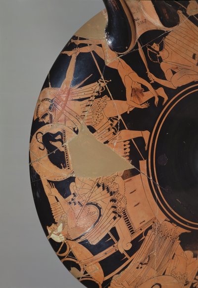 Detail of an attic red-figure cup depicting Neoptolemus trying to kill Priam with the corpse of Astyanax, c.490 BC (detail) by Painter Brygos