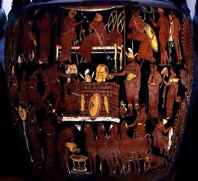 Apulian red-figure volute-crater, detail of the sacrifice of Trojan prisoners by Achilles at the funeral of Patroclus, Greek, from Canosa, 4th century BC by Painter Darius