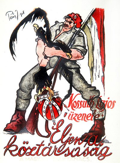 Hungarian revolutionary strangling the double-headed Austro-Hungarian eagle and proclaiming Kossuth