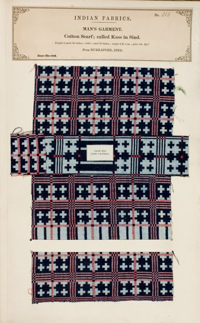 Cotton scarf sample from Nurrapore in Sind, from The Collection of the Textile Manufacturers of India, by John Forbes Watson, published in 1866 by Pakistani School