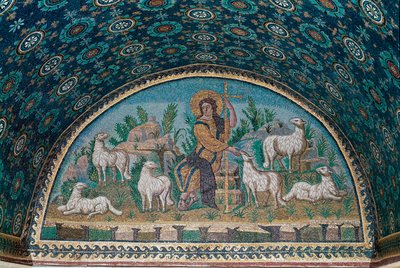 Good Shepherd. Mosaic of the Bezel Above the Entrance Door of the Mausoleum of Galla Placidia (c.425) by Paleo Christian