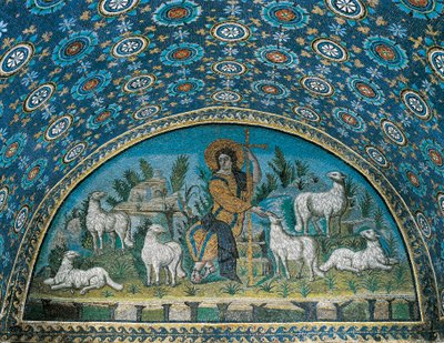 The Good Shepherd, Mosaic of the bezel above the entrance door of the Mausoleum of Galla Placidia, c.425 by Paleo Christian