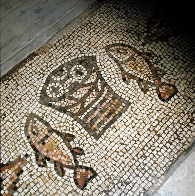 The miracle of the fishes and breads, mosaic 4th or 5th century by Paleo Christian